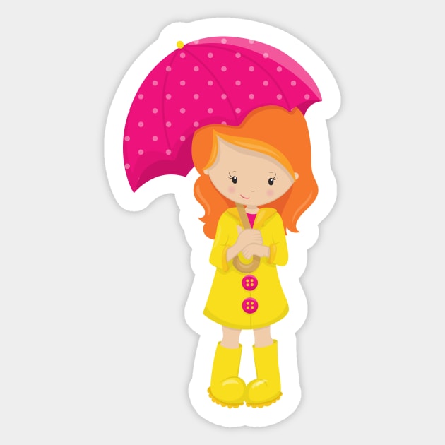 Girl In Raincoat, Girl With Umbrella, Orange Hair Sticker by Jelena Dunčević